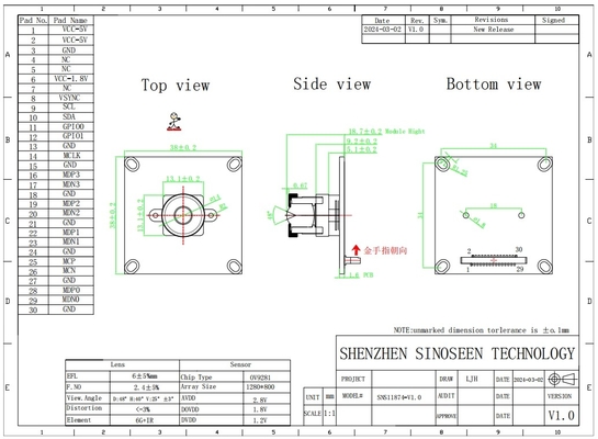 1280*800 Vaste scherpstelling 120 fps MIPI-interface met OV9281 720P CMOS voor slim vervoer systeem